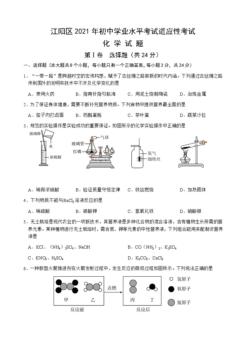 2021年四川省泸州市江阳区九年级下学期适应性考试化学试题01