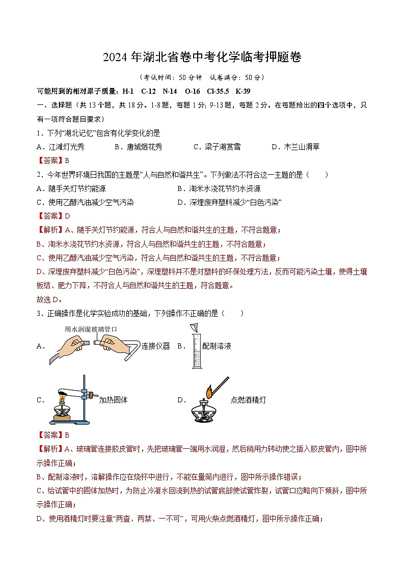 2024年湖北省卷中考化学临考押题卷（解析版）第1页