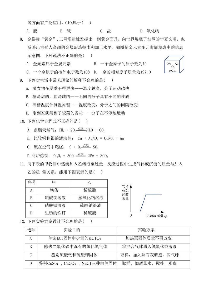 +2024年黑龙江省哈尔滨市道外区中考三模化学试题+02
