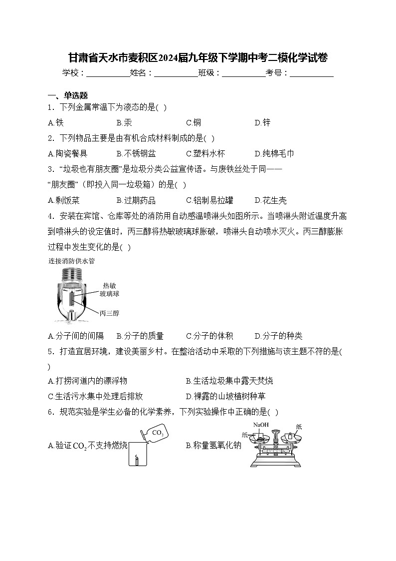 甘肃省天水市麦积区2024届九年级下学期中考二模化学试卷(含答案)01