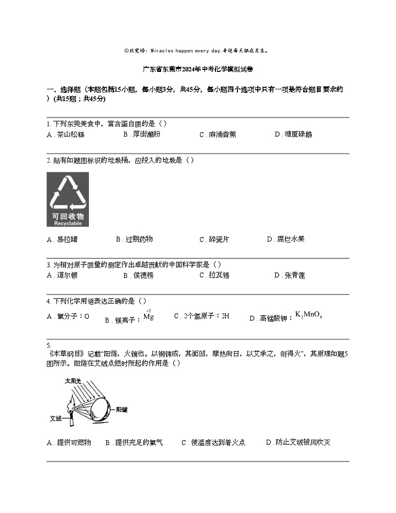 广东省东莞市2024年中考化学模拟试卷01