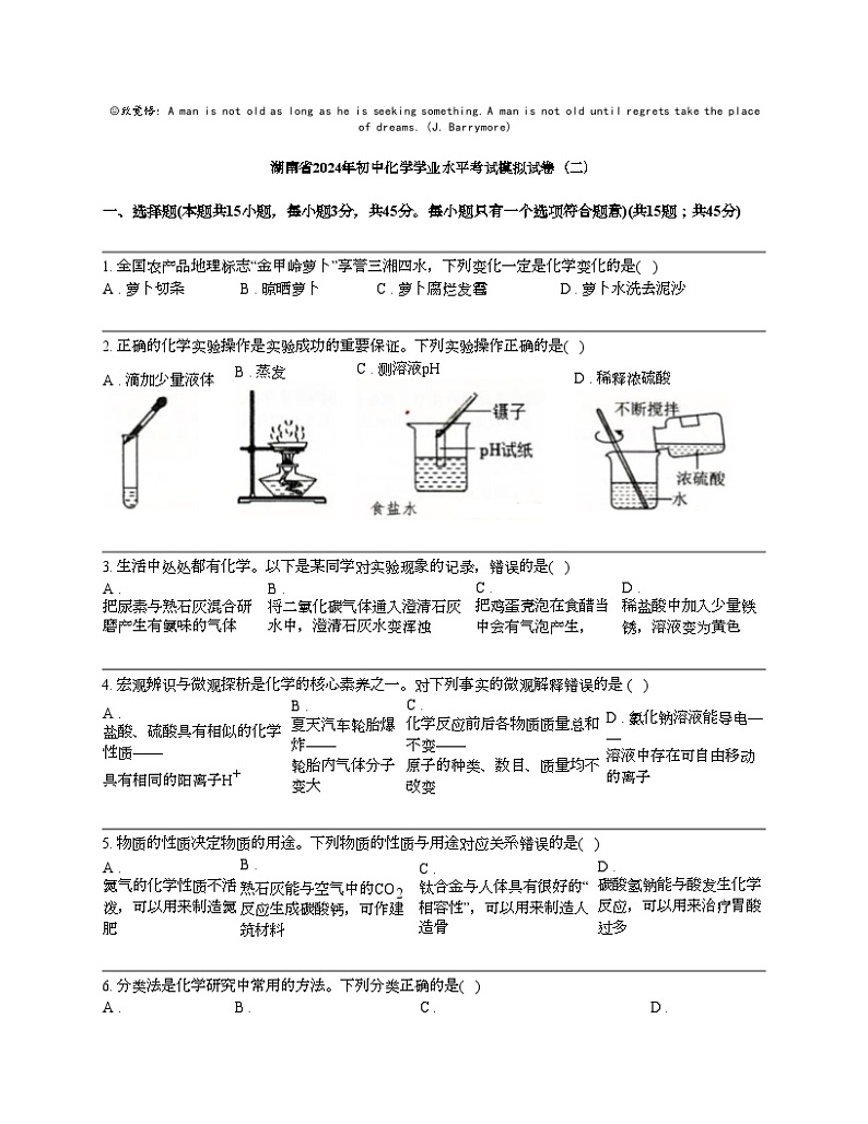 湖南省2024年初中化学学业水平考试模拟试卷（二）01