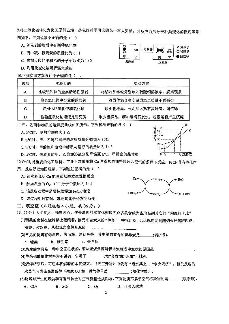 2024年江苏省连云港市新海初级中学中考三模化学试卷第2页