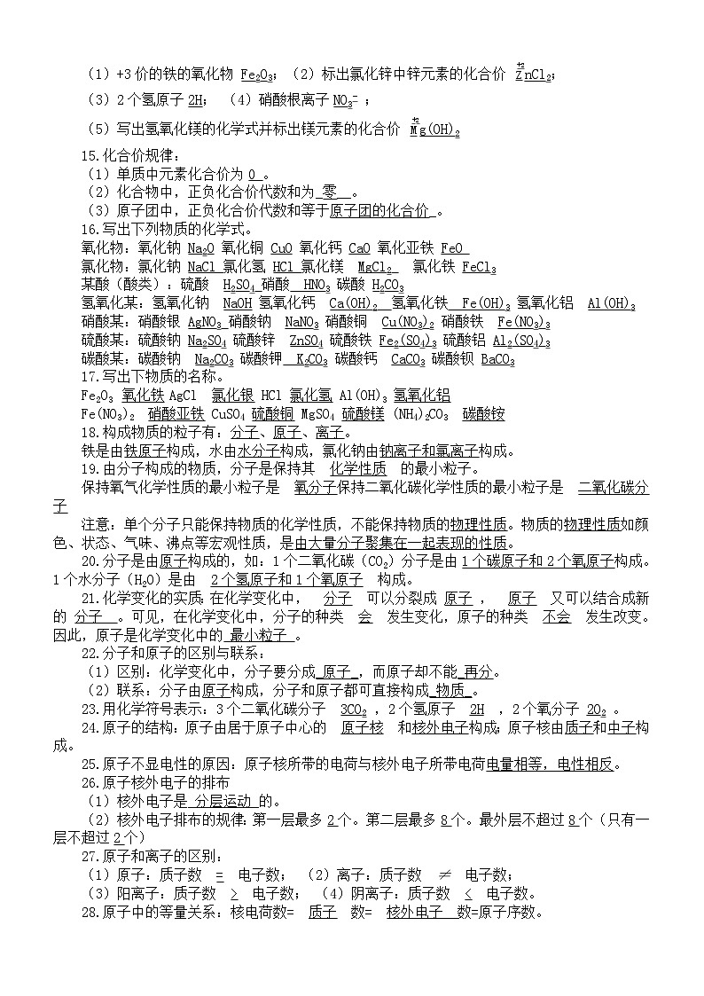 初中化学2024届中考知识点汇总（共124个）02