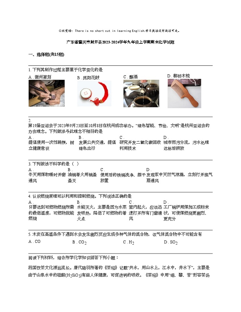 广东省肇庆市封开县2023-2024学年九年级上学期期末化学试题第1页