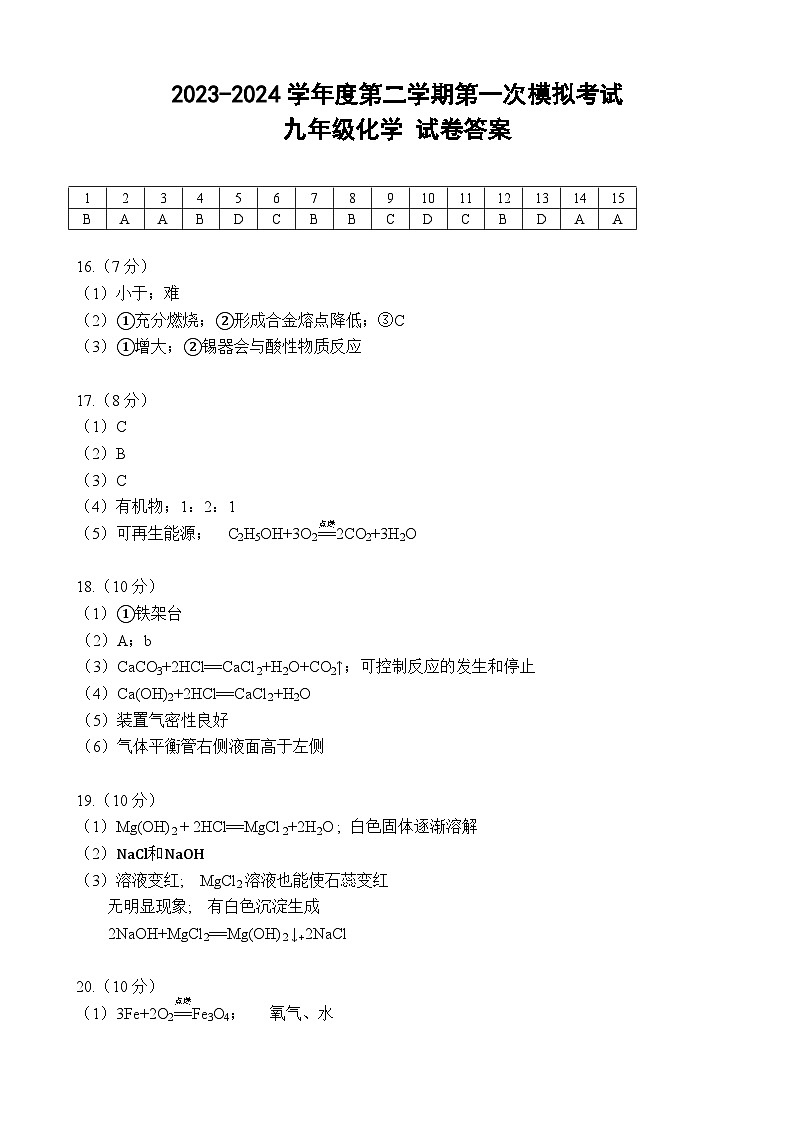 2024年广东省东莞市部分学校联考中考第一次模拟考试化学试卷01