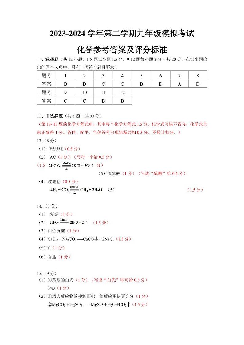 2024年6月深圳市深中系学校初三三模化学答案第1页