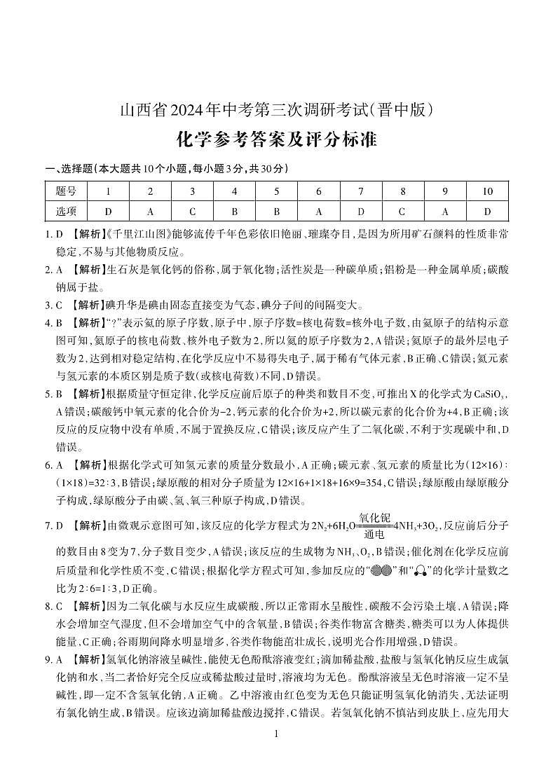 2024年山西省晋中市左权县中考第三次模拟化学试卷01