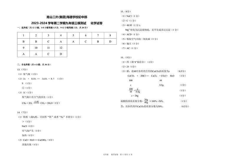 2024年广东省深圳市南山区第二外国语学校海德初中部中考三模化学试卷(1)第1页