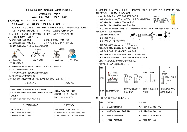 2024年宁夏银川二中北塔分校中考二模考试化学01