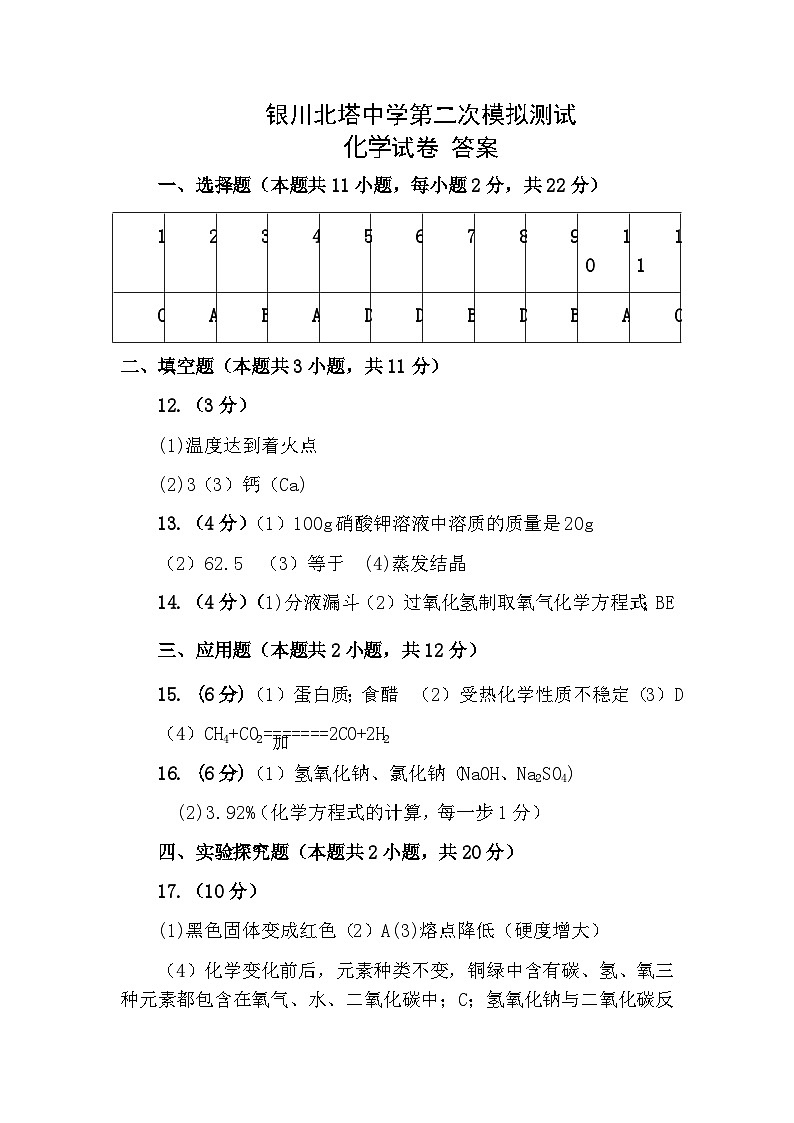 2024年宁夏银川二中北塔分校中考二模考试化学(2)01