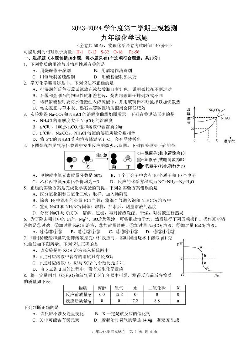 2024年江苏省徐州市撷秀中学中考三模化学试卷01