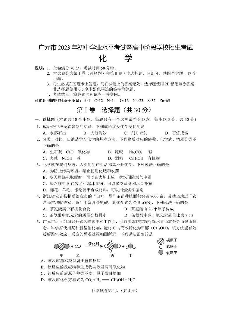 2023年四川省广元市中考化学真题01