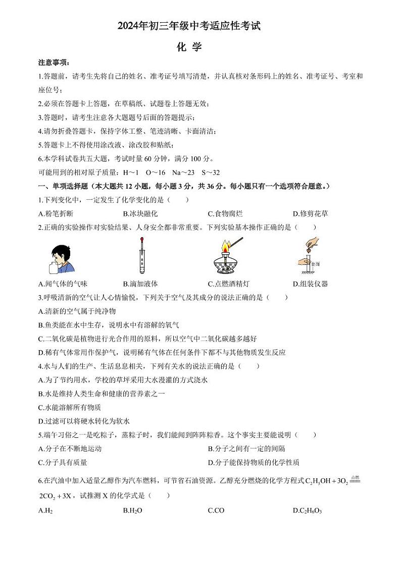 2024年湖南省长沙市长郡教育集团中考适应性考试（三模）化学试题（原卷）第1页