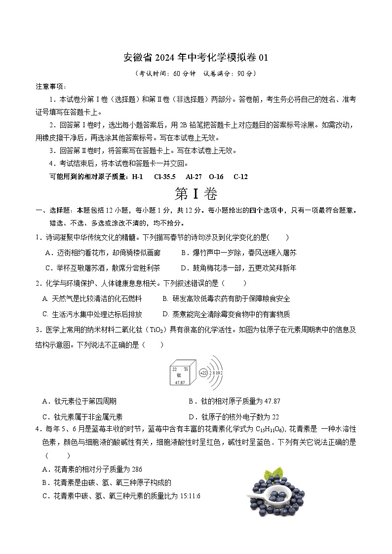 安徽省2024年中考化学模拟卷01第1页