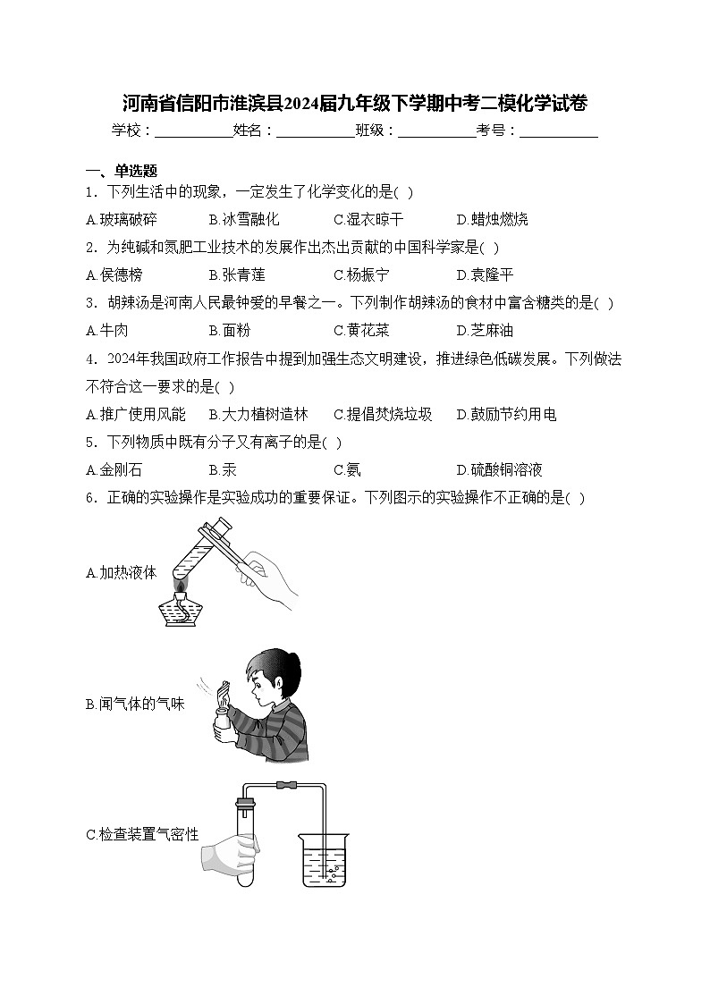 河南省信阳市淮滨县2024届九年级下学期中考二模化学试卷(含答案)第1页
