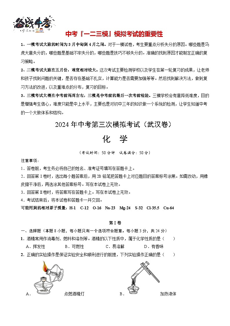 2024年中考化学第三次模拟考试（武汉卷）01
