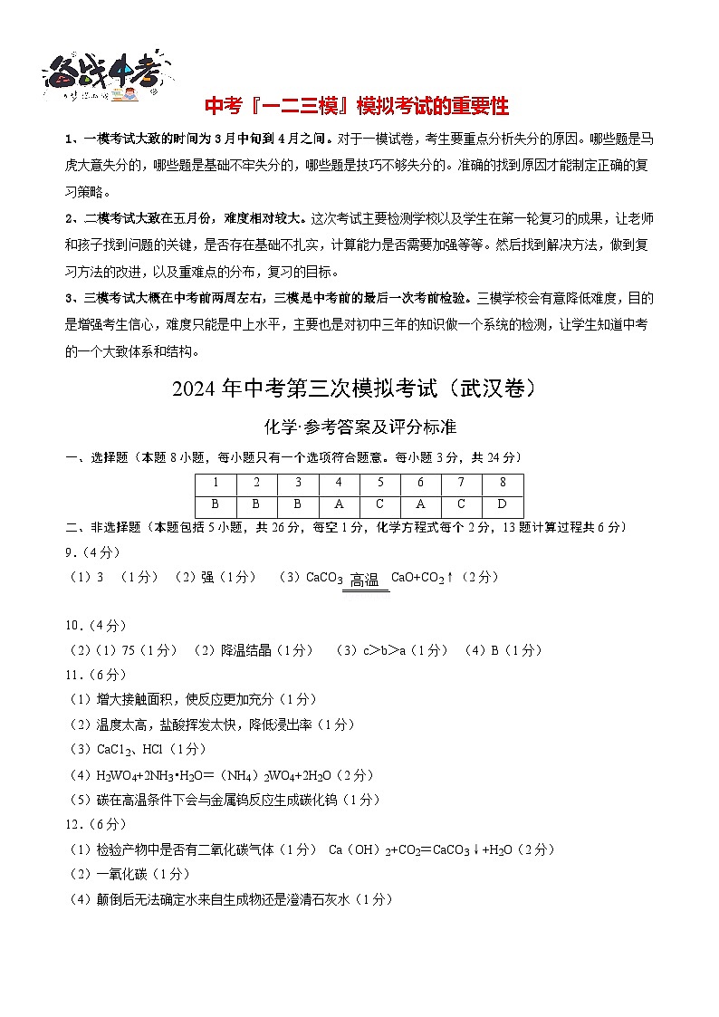 2024年中考化学第三次模拟考试（武汉卷）01