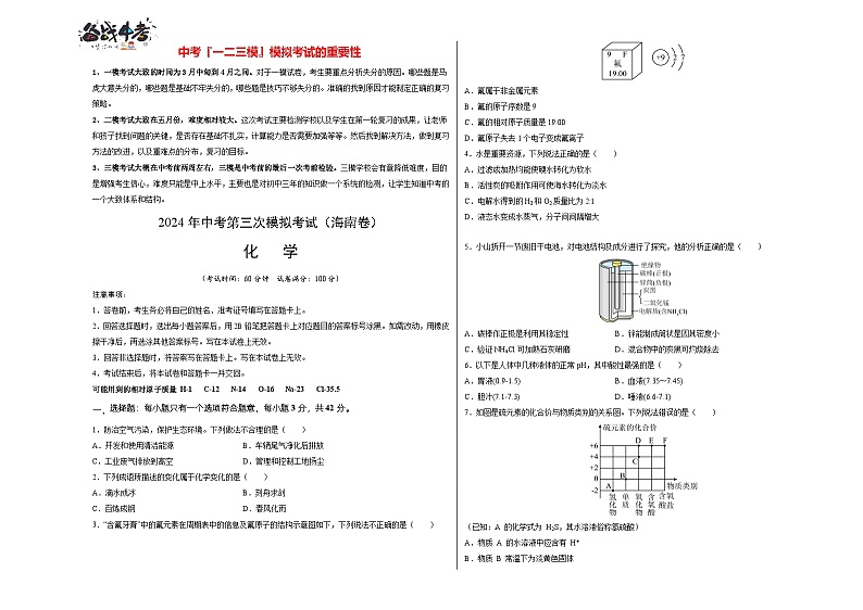 2024年中考化学第三次模拟考试（海南卷）01