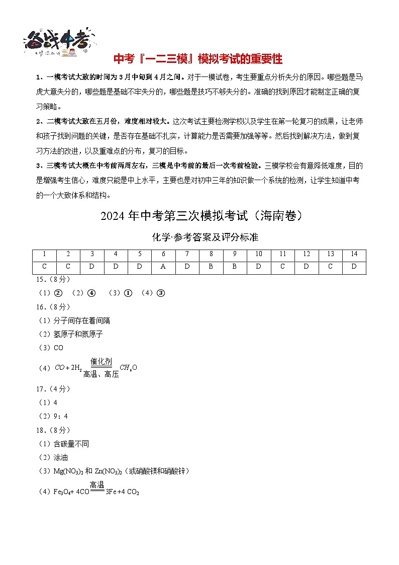 2024年中考化学第三次模拟考试（海南卷）01
