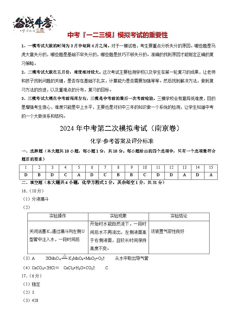 化学（南京卷）（参考答案及评分标准）第1页