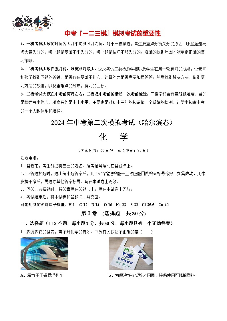 2024年中考化学第二次模拟考试（哈尔滨卷）01