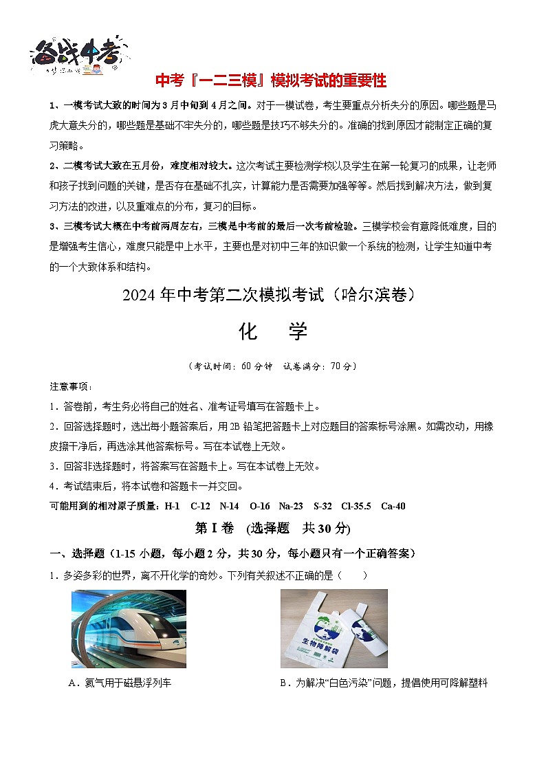 2024年中考化学第二次模拟考试（哈尔滨卷）01
