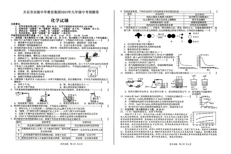 天长市实验中学教育集团2024年九年级中考预测卷-化学试题卷第1页