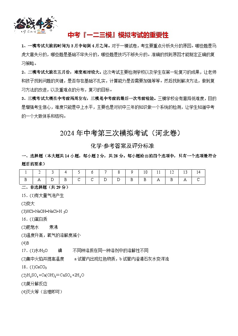 2024年中考化学第三次模拟考试（河北卷）01