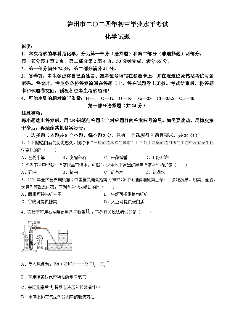 2024年四川省泸州市中考化学真题（含答案）第1页