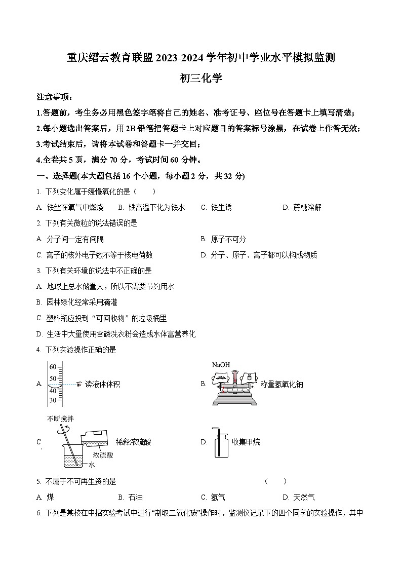 2024年重庆市中考一模化学试题（解析版）01