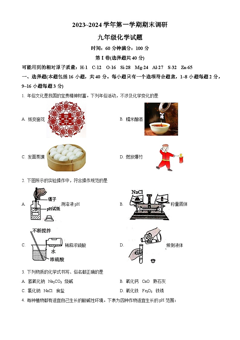 山东省聊城市临清市2023-2024学年九年级上学期期末化学试题（解析版）01