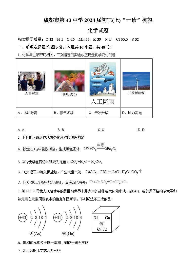 四川省成都市第四十三中学校2023-2024学年九年级上学期一诊模拟化学试题（解析版）01