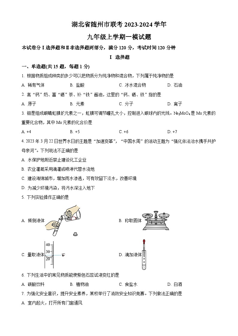 2024年湖北省随州市湖北省随州市曾都区、随县多校联考一模试题一模化学试题（解析版）第1页