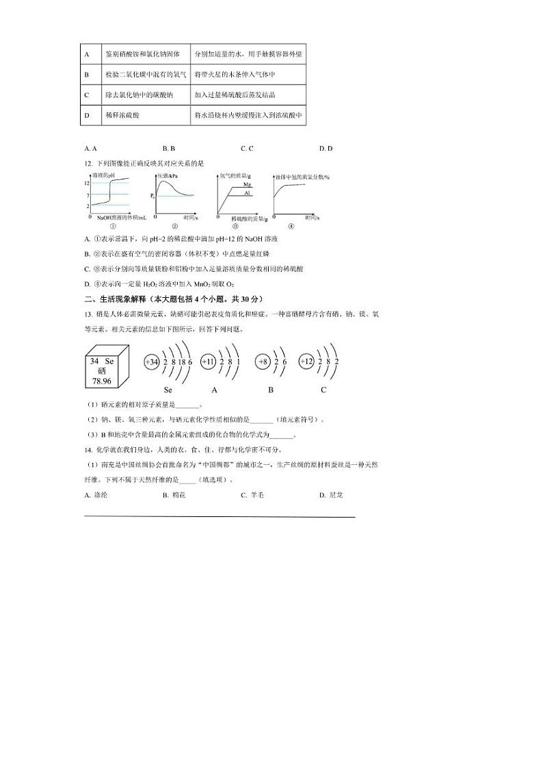 [化学]2024年四川省南充市中考化学真题（原卷版）03