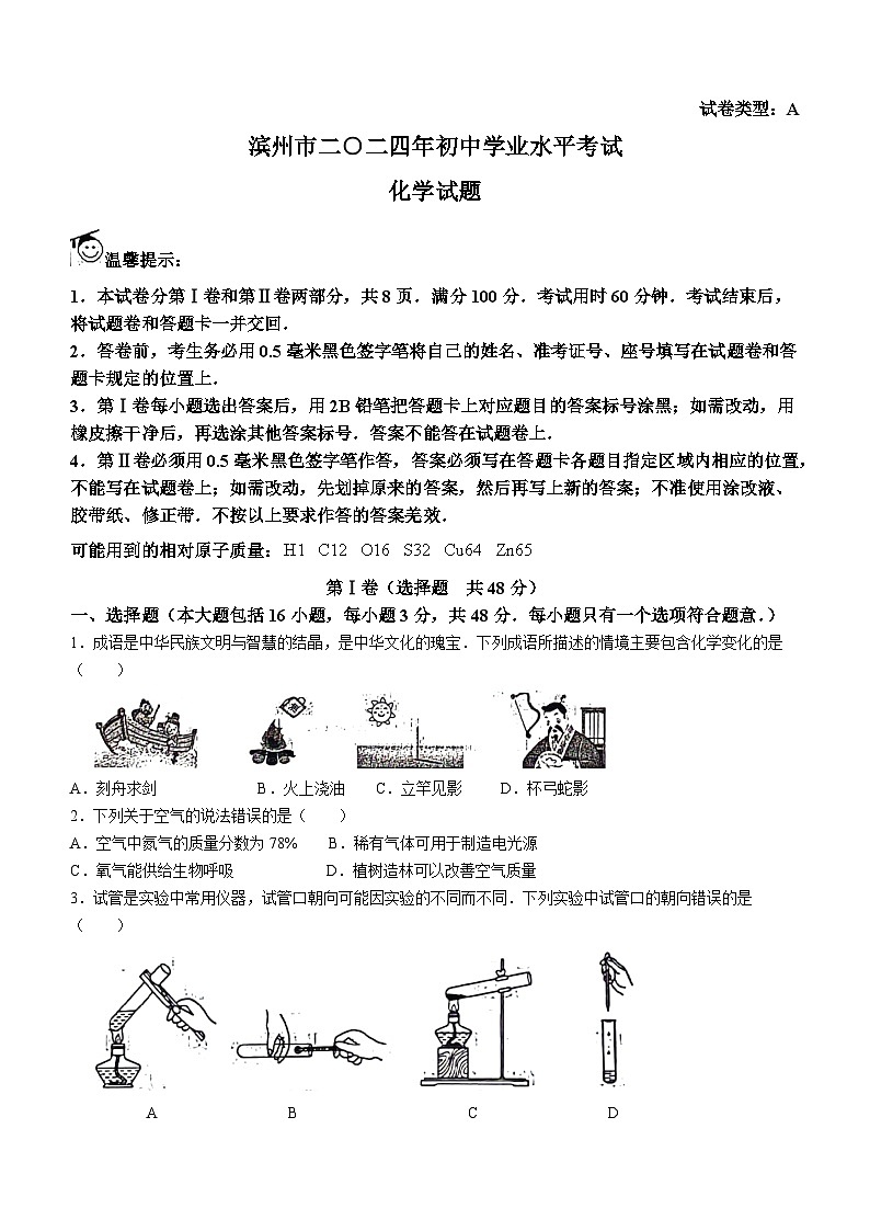 2024年山东省滨州市中考化学真题(无答案)01