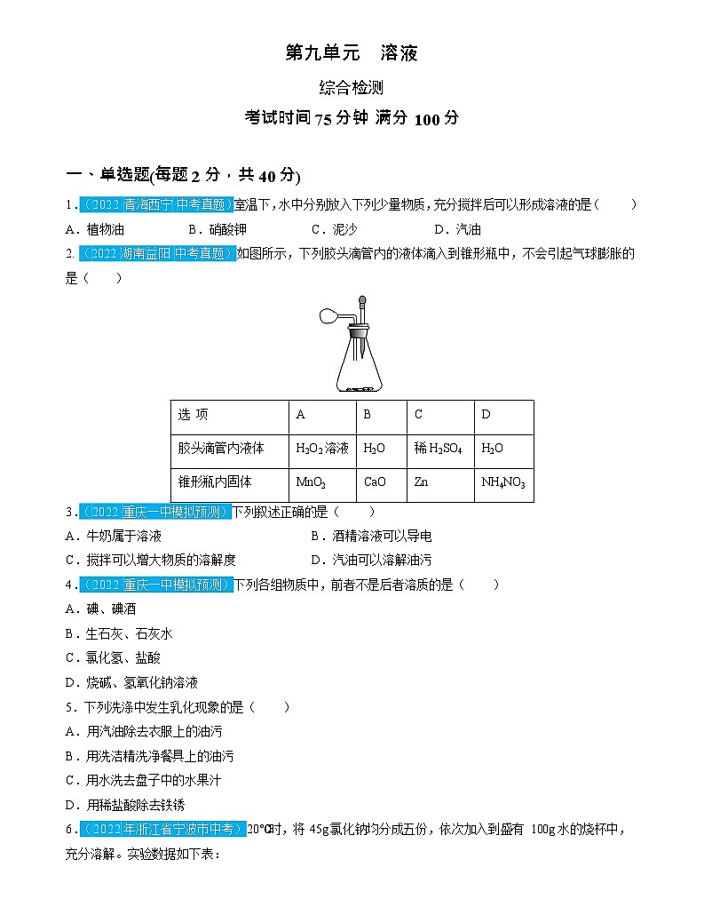 第9单元 溶液（测试）（原卷版）2025年中考化学一轮复习讲练测第1页