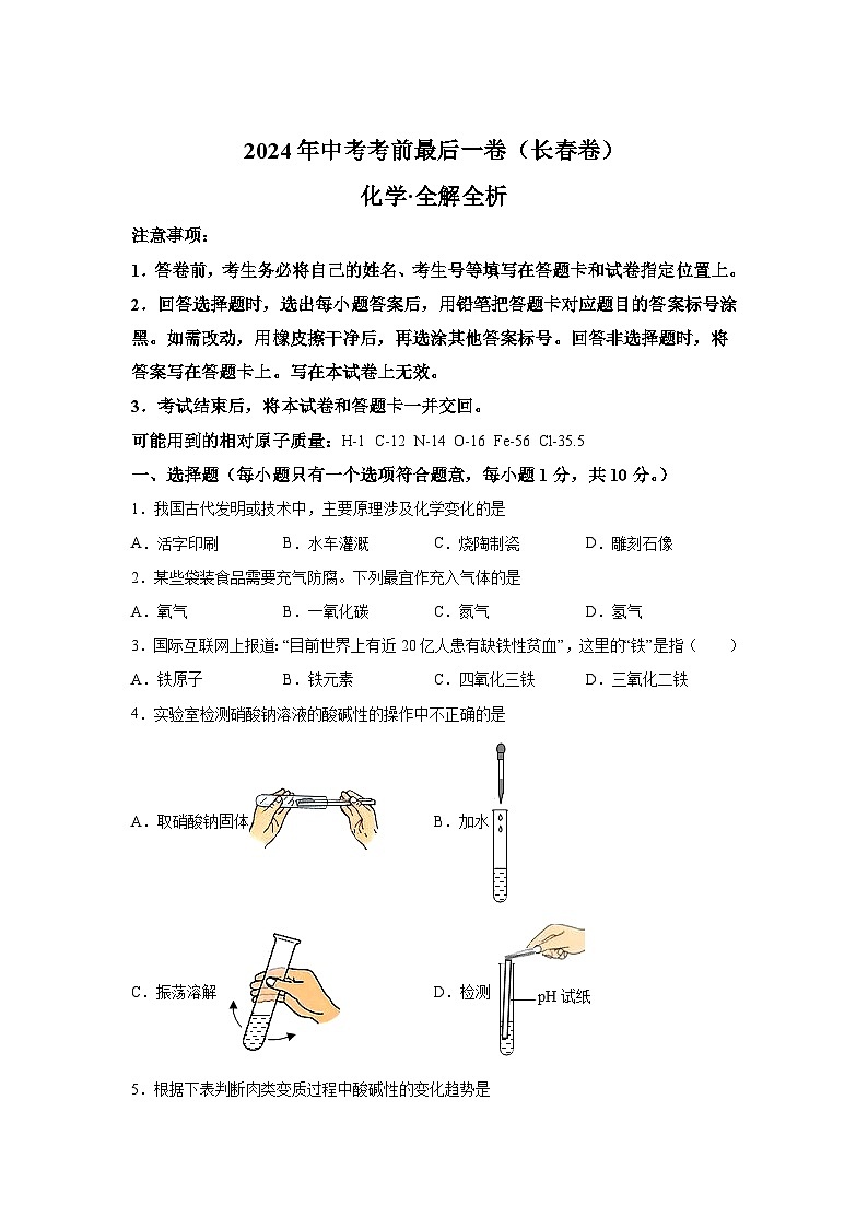 化学（长春卷）-2024年中考考前最后一卷第1页