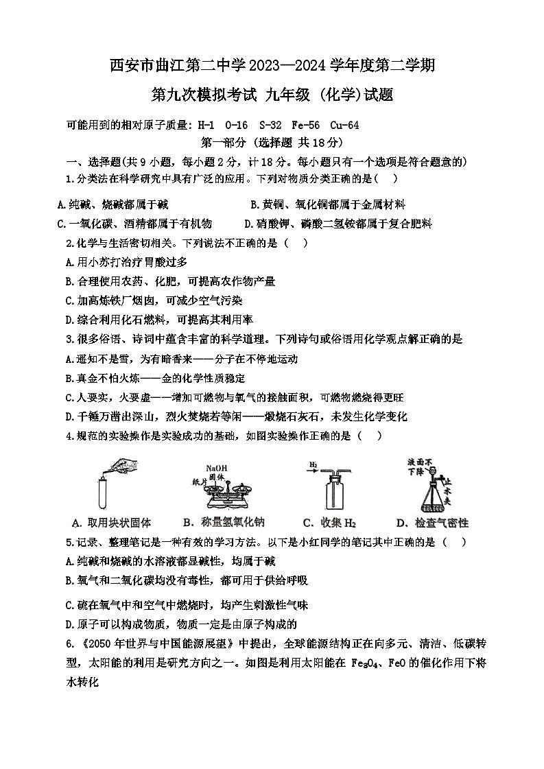 2024年陕西省西安市曲江第二中学中考第九次模拟考试化学试题第1页