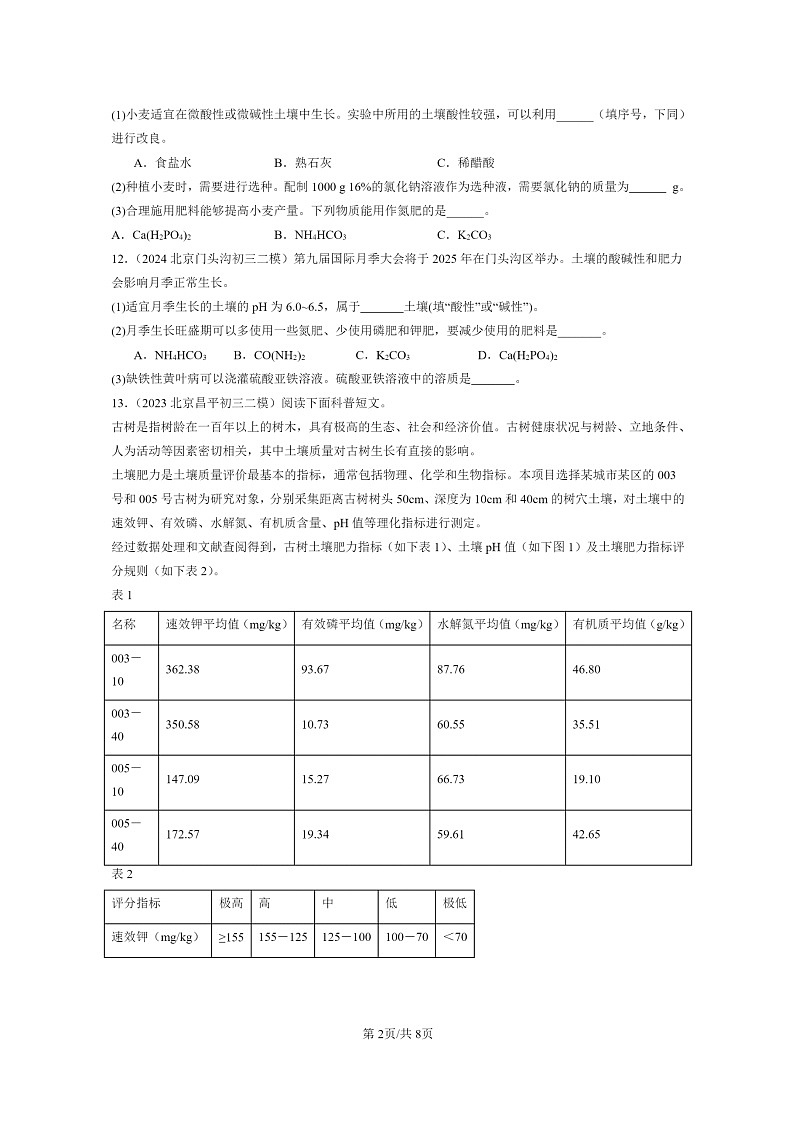 [化学]2022～2024北京初三二模化学试题分类汇编：化学肥料02