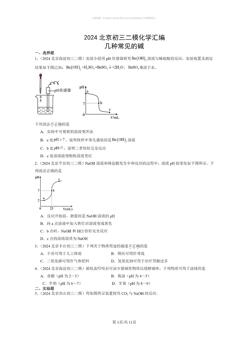 [化学]2024北京初三二模化学试题分类汇编：几种常见的碱第1页