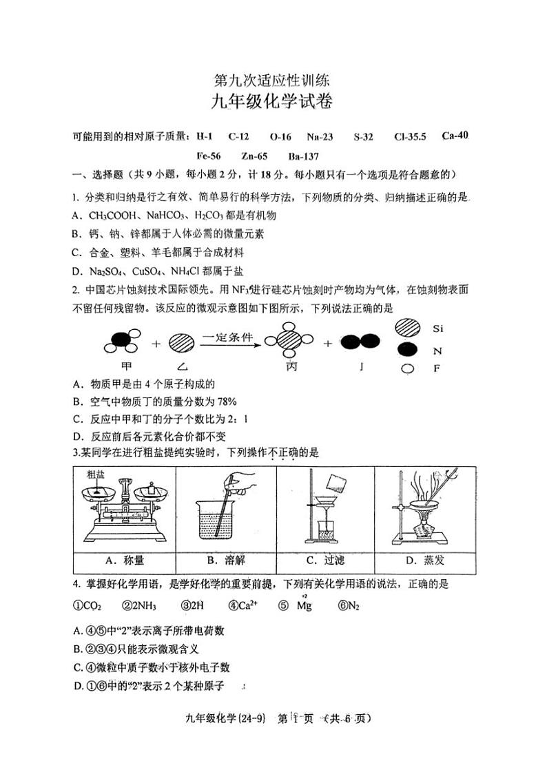 [化学]2024年陕西省西安市工业大化学附属中学中考九模化学试题（图片版，无答案）第1页