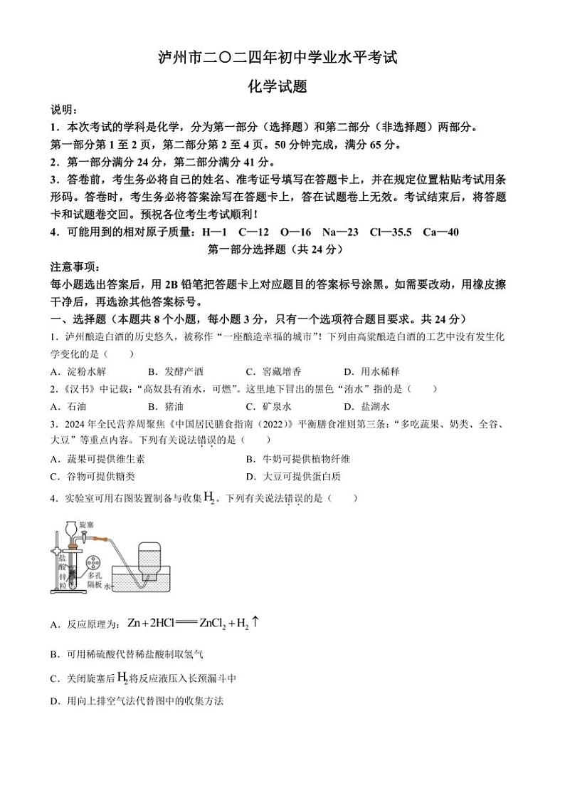 [化学]2024年四川省泸州市中考化学真题（含答案）第1页