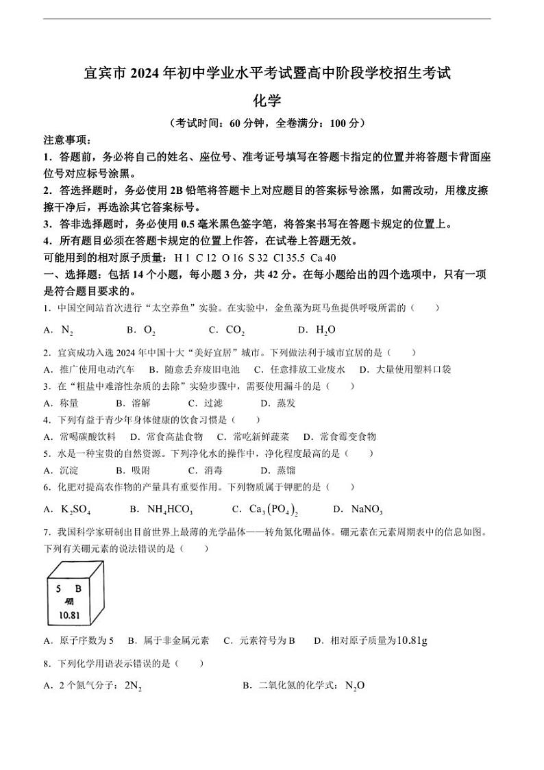 [化学]2024年四川省宜宾市中考化学真题(无答案)01