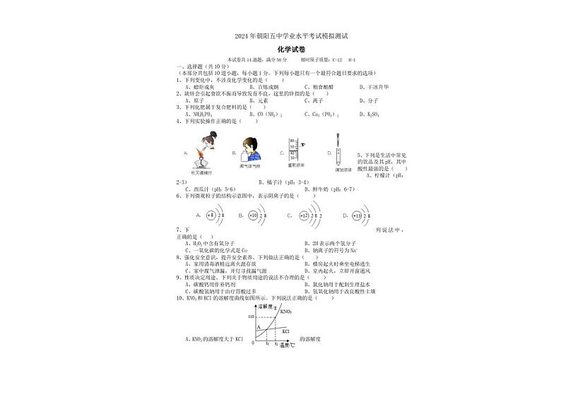 2024年辽宁省朝阳市第五中学中考模拟测试化学试卷（三模）第1页