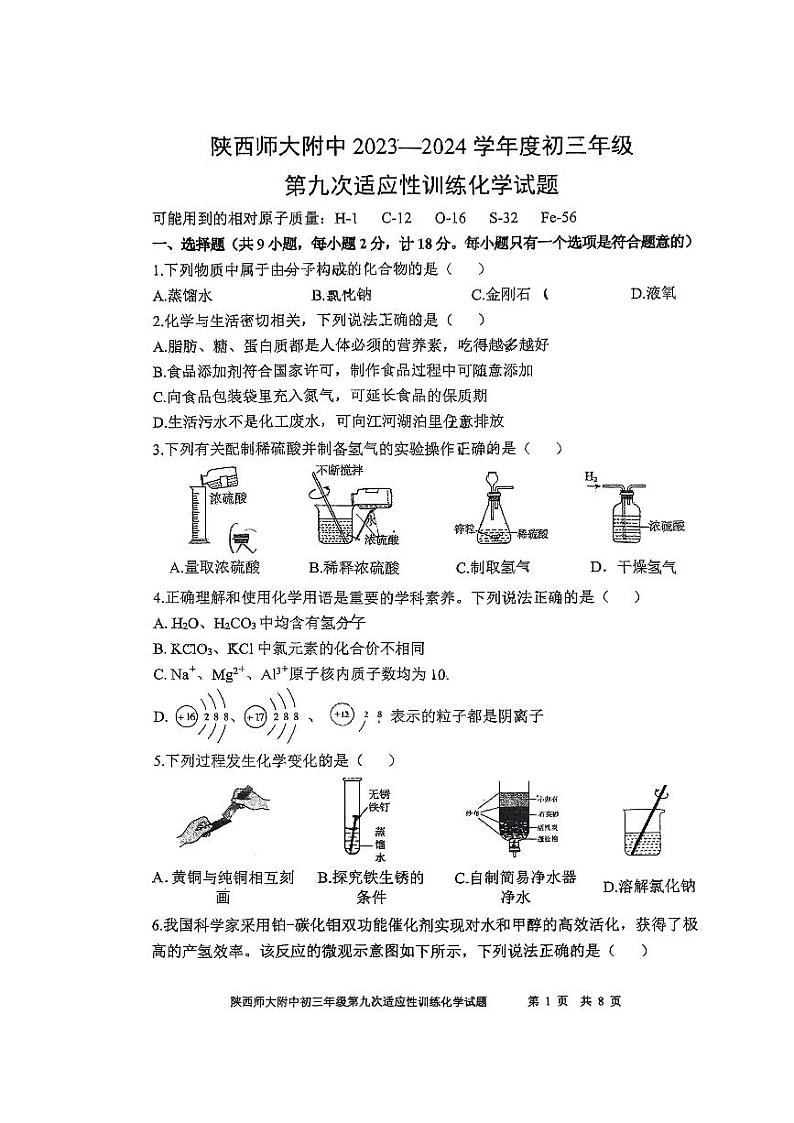 2024年陕西省陕西师范大学附属中学中考第九次模拟考试化学试题第1页