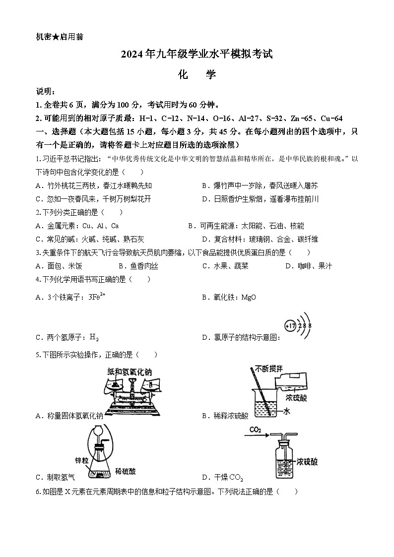 2024年广东省东莞市南城阳光实验中学中考化学三模试卷(无答案)01