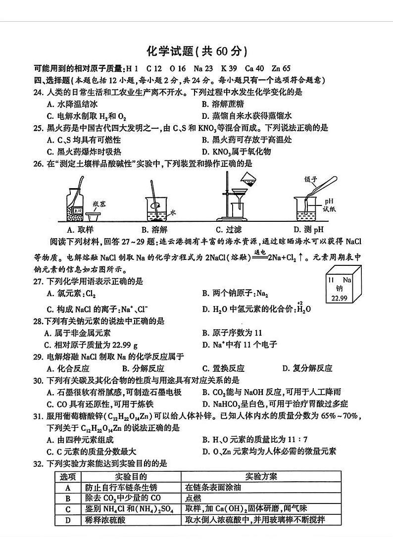 2024年中考真题：江苏省连云港市化学试题01