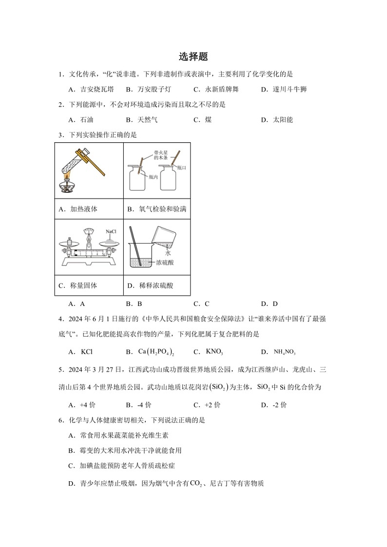 [化学]2024年中考化学复习备考～～～选择题专项练(含解析)第1页