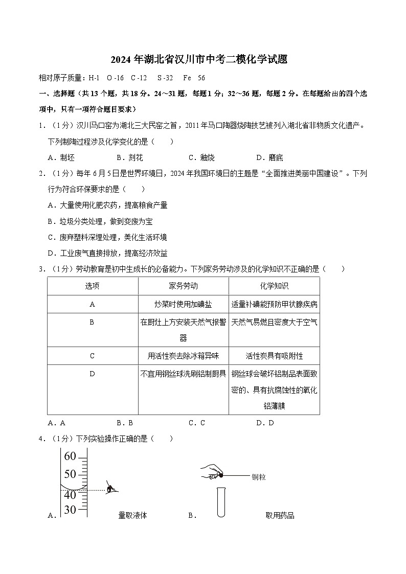 2024年湖北省汉川市中考二模化学试题第1页